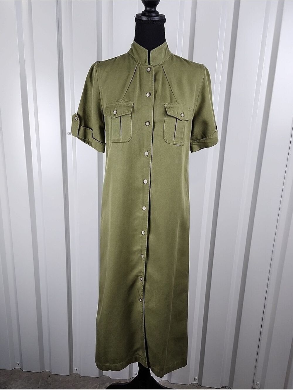 Bloomingdale's Women's Tencel Lyocell Olive Green Maxi Shirt Dress 6 Petite